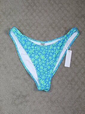 NWT Bright Size L Bright Blue Green Flowers Cheeky Bikini Bottoms